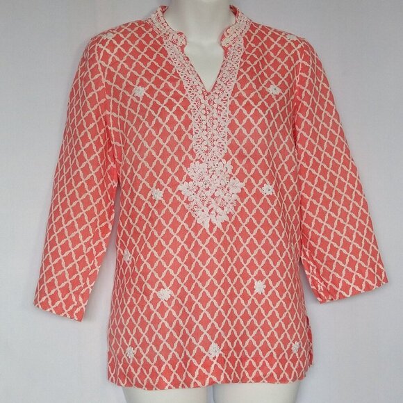 Charter Club Linen Petite Small Embroidered Boho Tunic Top Salmon Pink Beaded - Picture 1 of 4